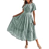 Benfoly Summer Flowy Maxi Dresses for Women 2026 Spring Vacation Eyelet Lace Short Sleeve Wedding Guest Casual Boho Dresses