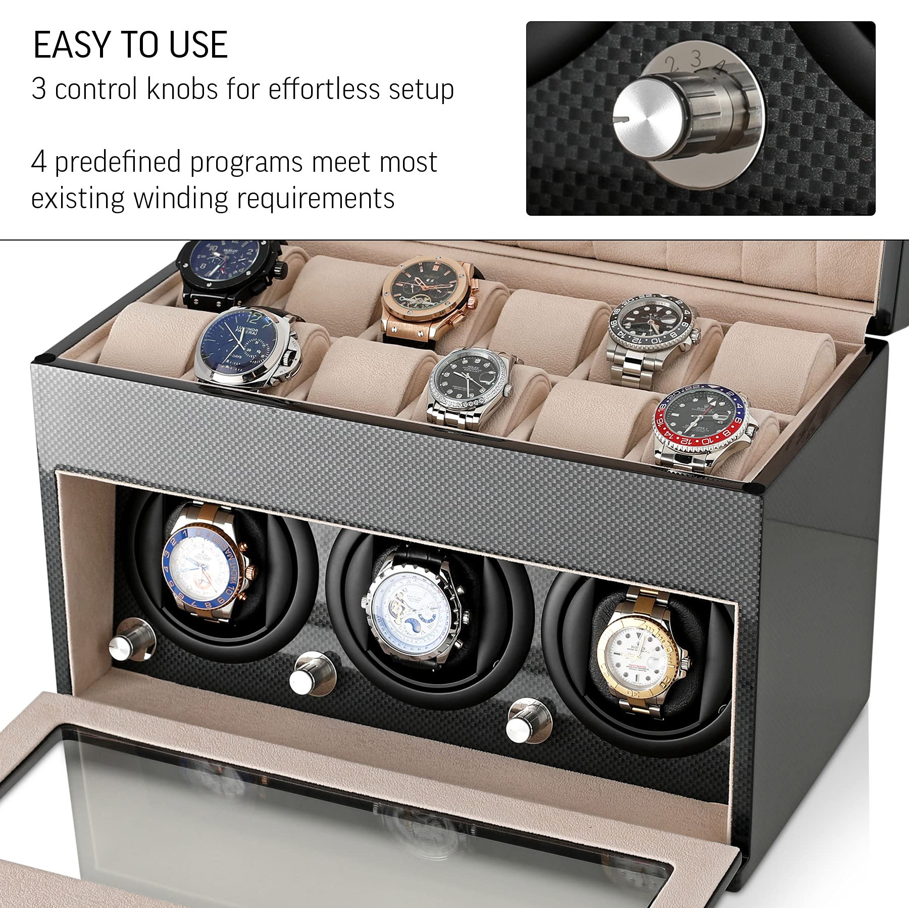 Leader watch winders 腕時計巻取り機と収納ボックス 自動巻き時計3個 腕時計12個収納スペース, カーボン+ベージュ, モダン