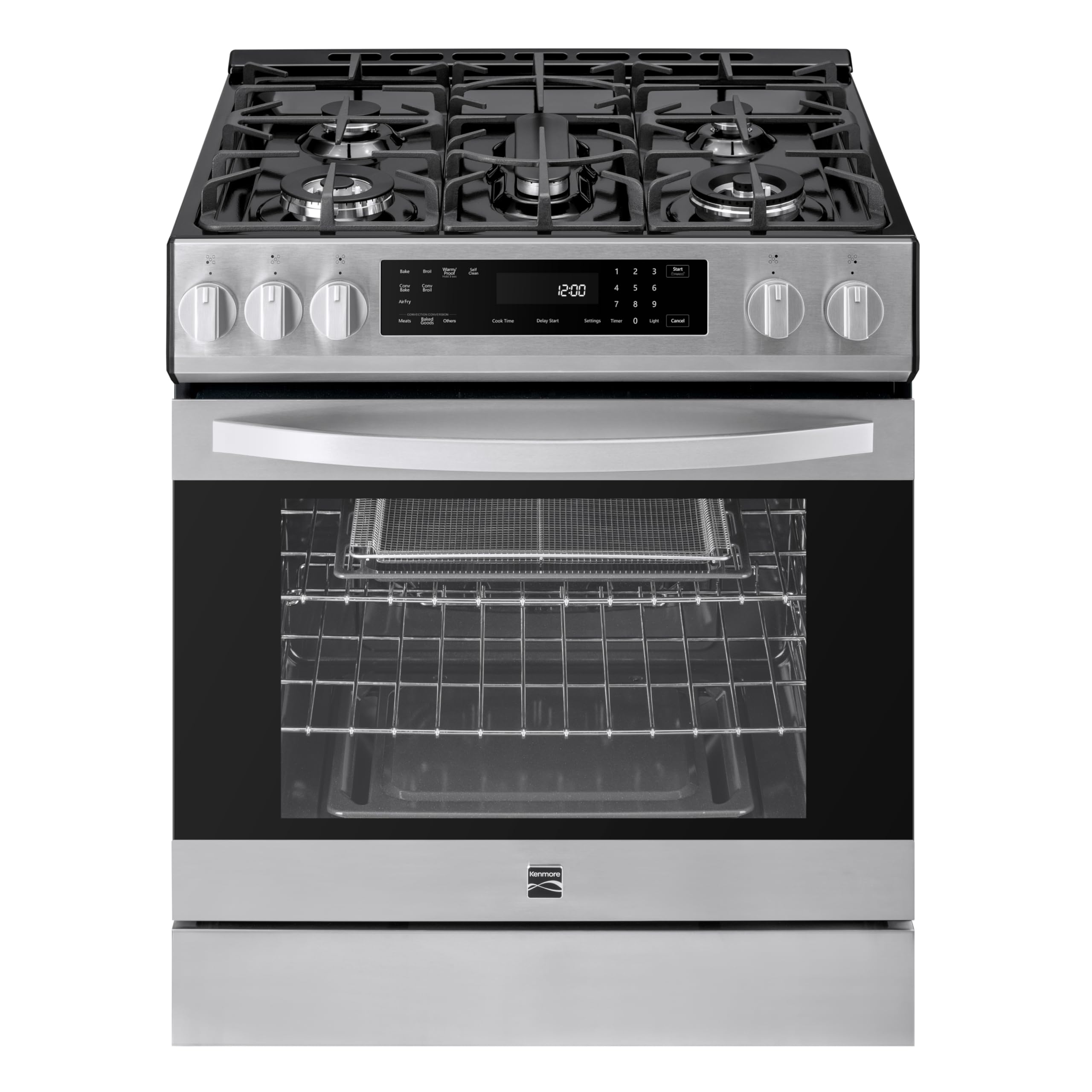 Photo 1 of Kenmore 2276843 5.6 cu. ft. Front Control Gas Range Oven with 5 Burners - Fan Convection, Air Fry, Self Clean, Turbo Boil+, Chrome Racks, Cast Iron Grates, Wok Ring, LP Kit - Stainless Steel