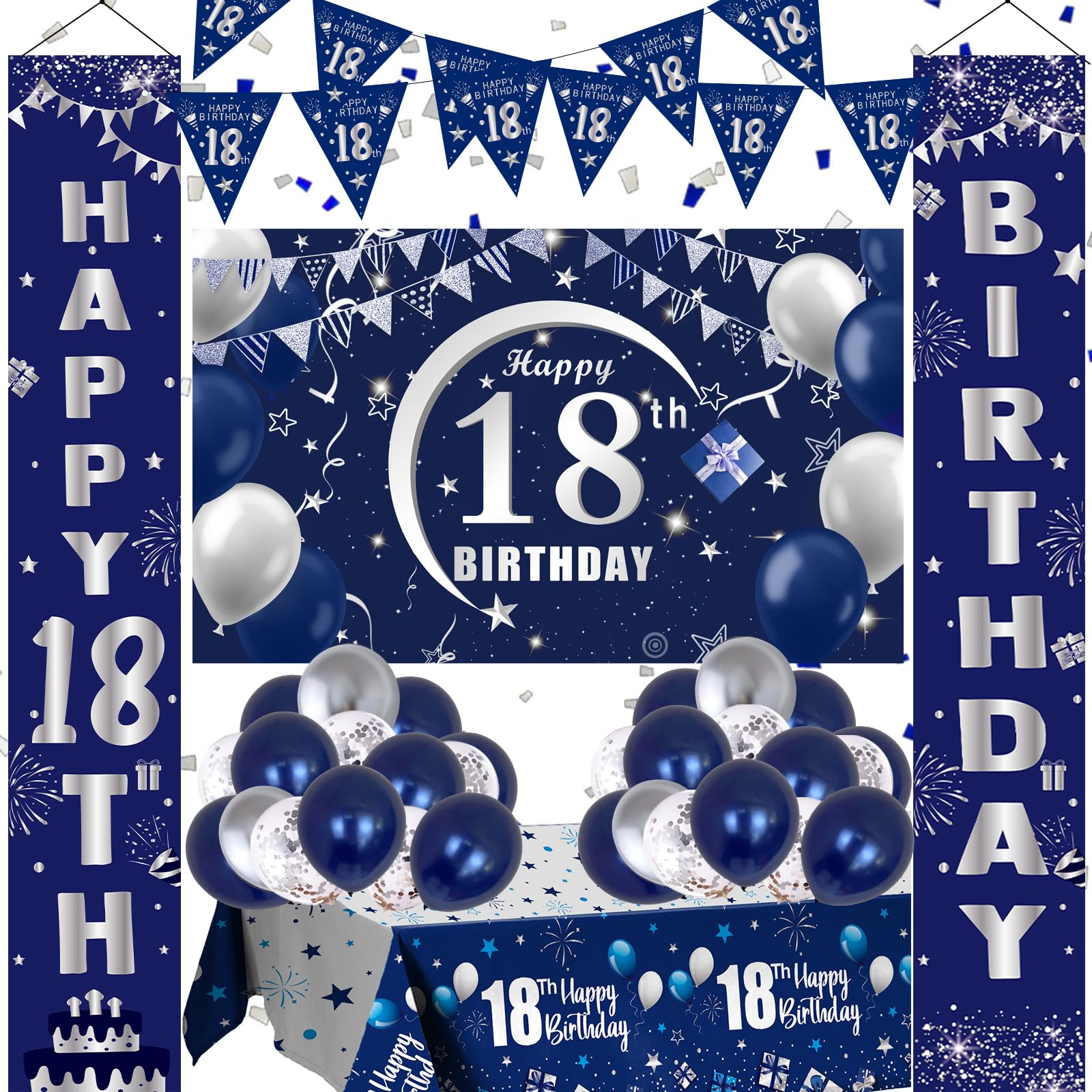 Photo 1 of 18th Birthday Decorations for Boys and Girls Blue, Happy 18th Birthday Door Backdrop Banner Balloons 18 Years Old Birthday Porch Sign Party Supplies with Latex Balloons Decor 18th Bday Boy Her Him
