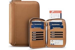 VULKIT Leather Passport Holder for 4-8 Passports Family Passport Wallet with Zipper Travel Documents Organizer for Men or Wom