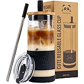 Pandaloo® Glass Cups With Lids and Straws -20 Fl Oz- Perfect Size Iced Coffee Cup - Smoothie Cup With Bamboo Lid and On the go Lid - Glass Tumbler With Straw (1 Count (Pack of 1), Black Saphir)