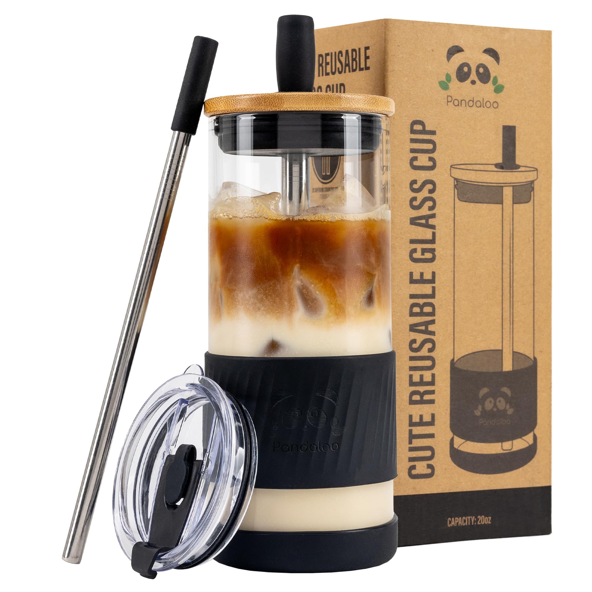 Photo 1 of Pandaloo® Glass Cups With Lids and Straws -20 Fl Oz- Perfect Size Iced Coffee Cup - Smoothie Cup With Bamboo Lid and On the go Lid - Glass Tumbler With Straw (1 Count (Pack of 1), Black Saphir)