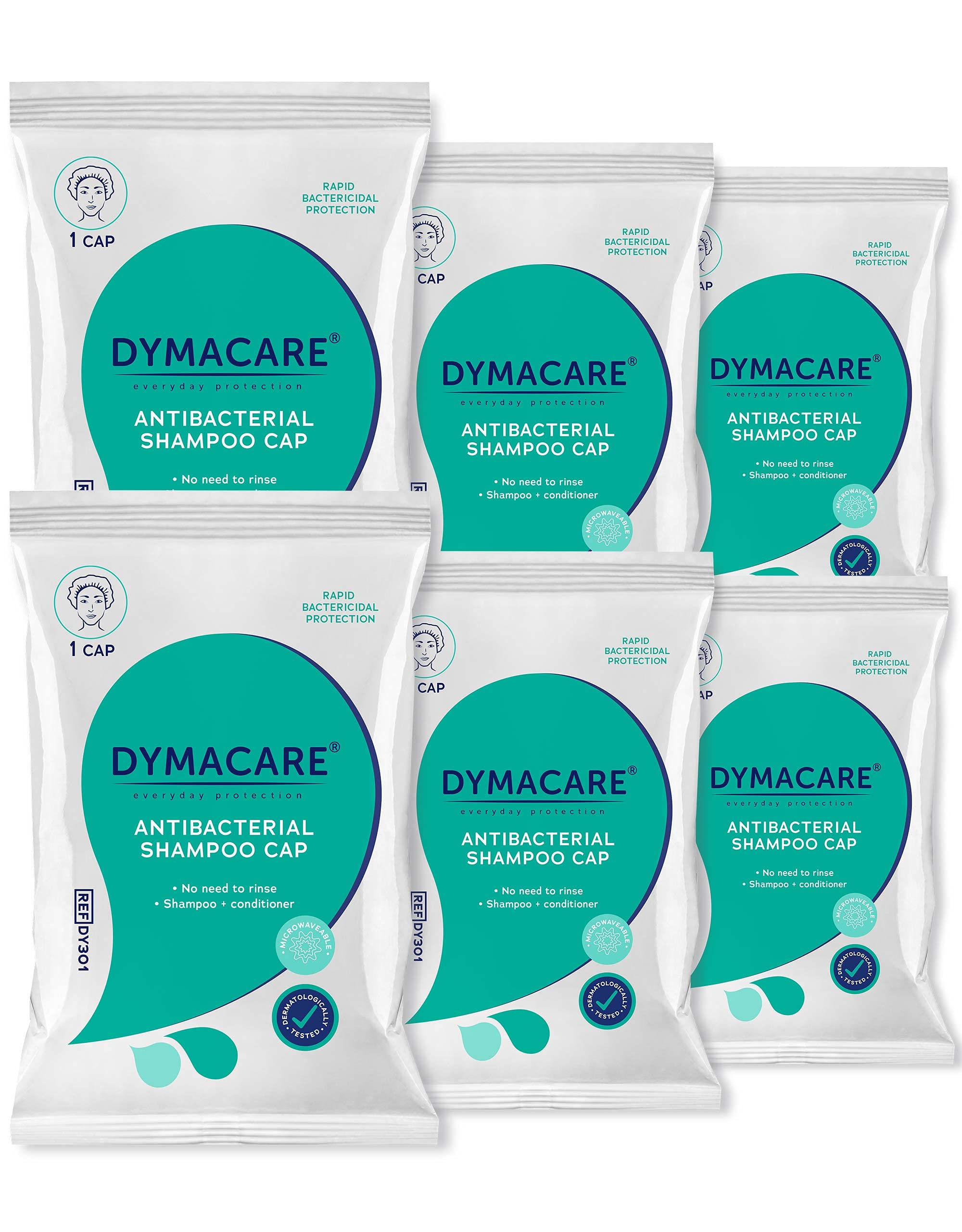 DYMACARE Antibacterial No Rinse Shampoo Cap | Rinse Free Shower Cap That Shampoos & Conditions | PH Balanced Waterless Hair Wash | 6 Caps โ image 1