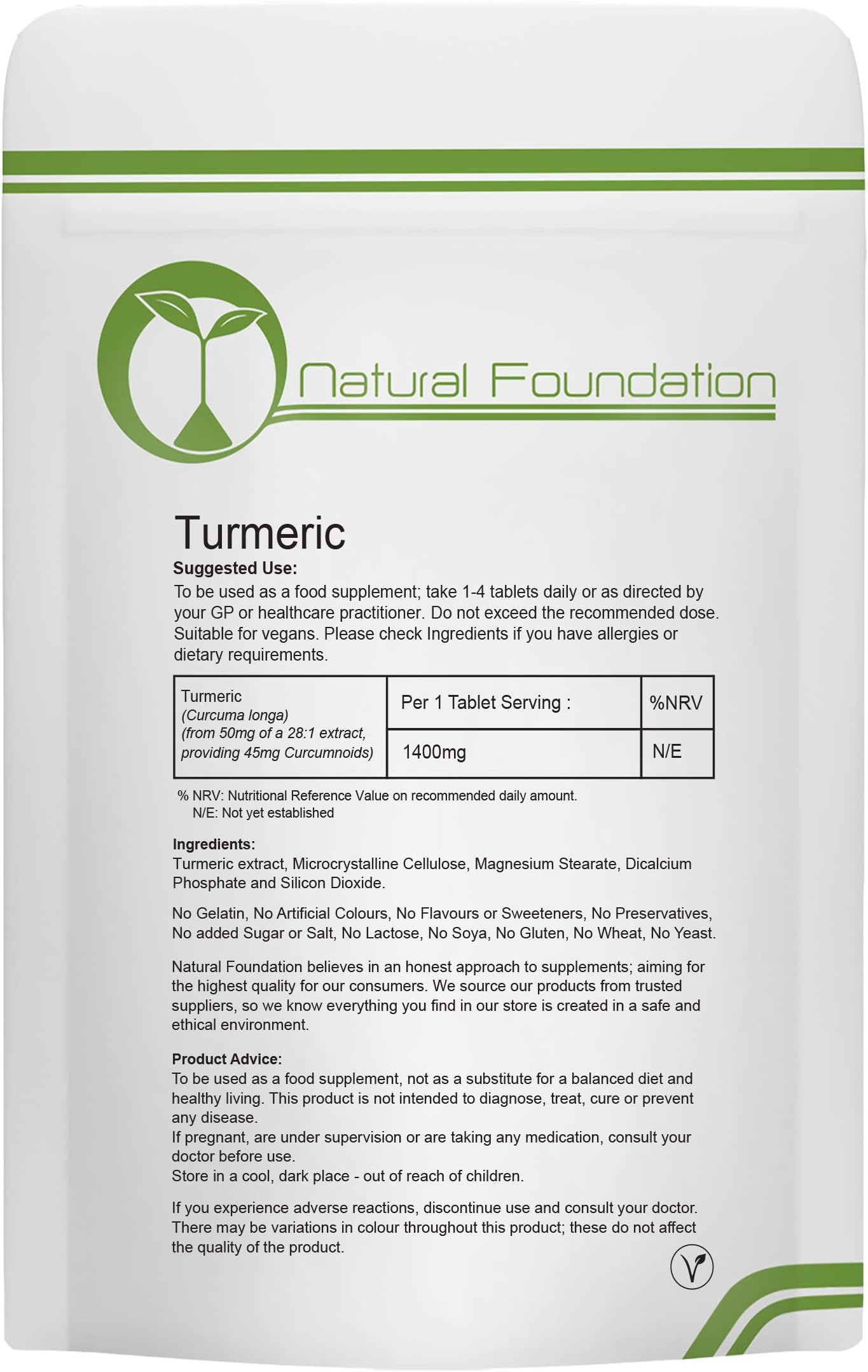 Turmeric Tablets High Strength 1,400mg 90% Curcumin Supplement for Inflammation Digestive Health & Joint Support Tumeric Made in The UK | Natural Foundation Supplements (60 Tablets)