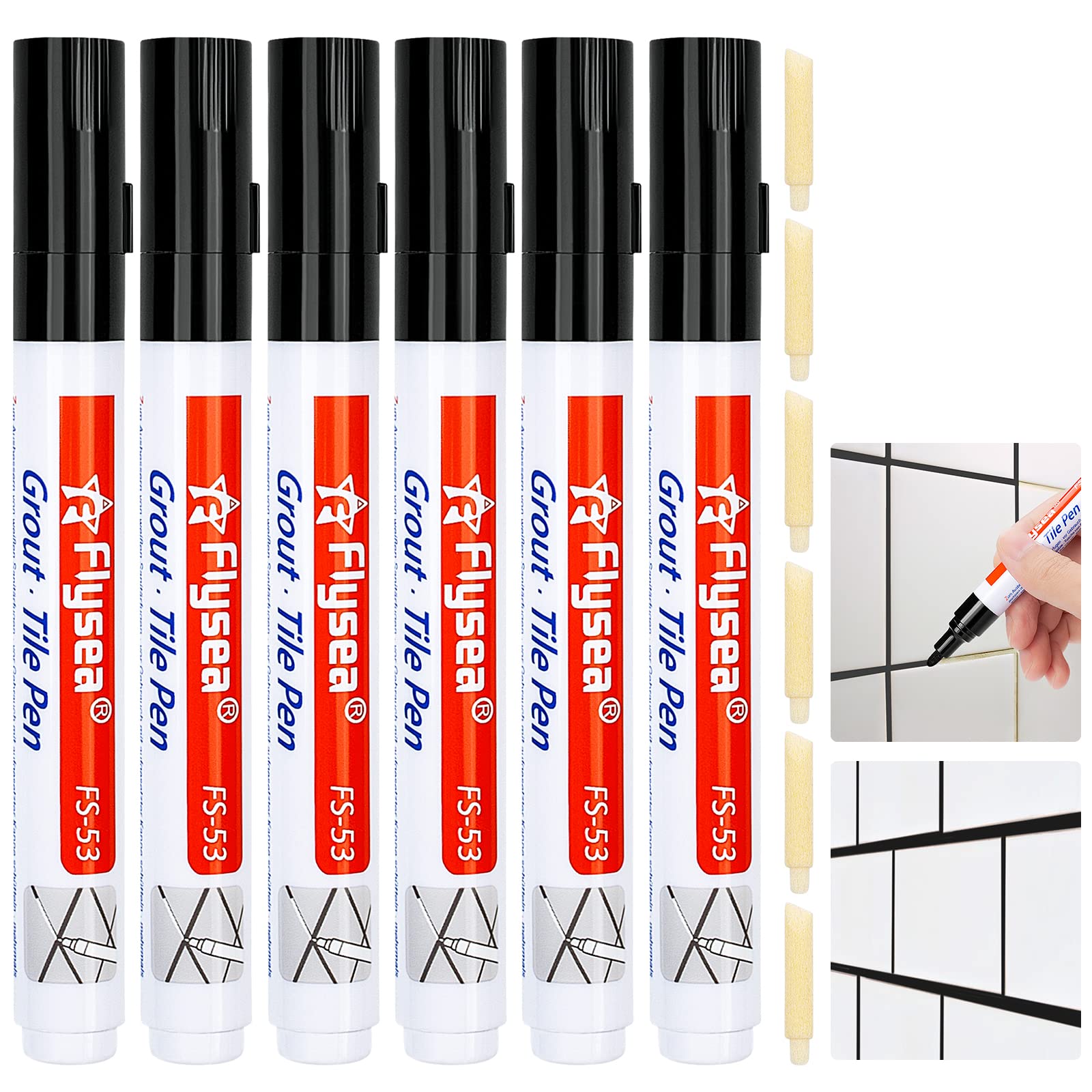 6 Pcs Grout Tile Pen, Black Grout Pen Wall Repair Pens, Tile Grout Reviver Pens for Tile Grout Wall Floor Bathrooms and Kitchen Restoring