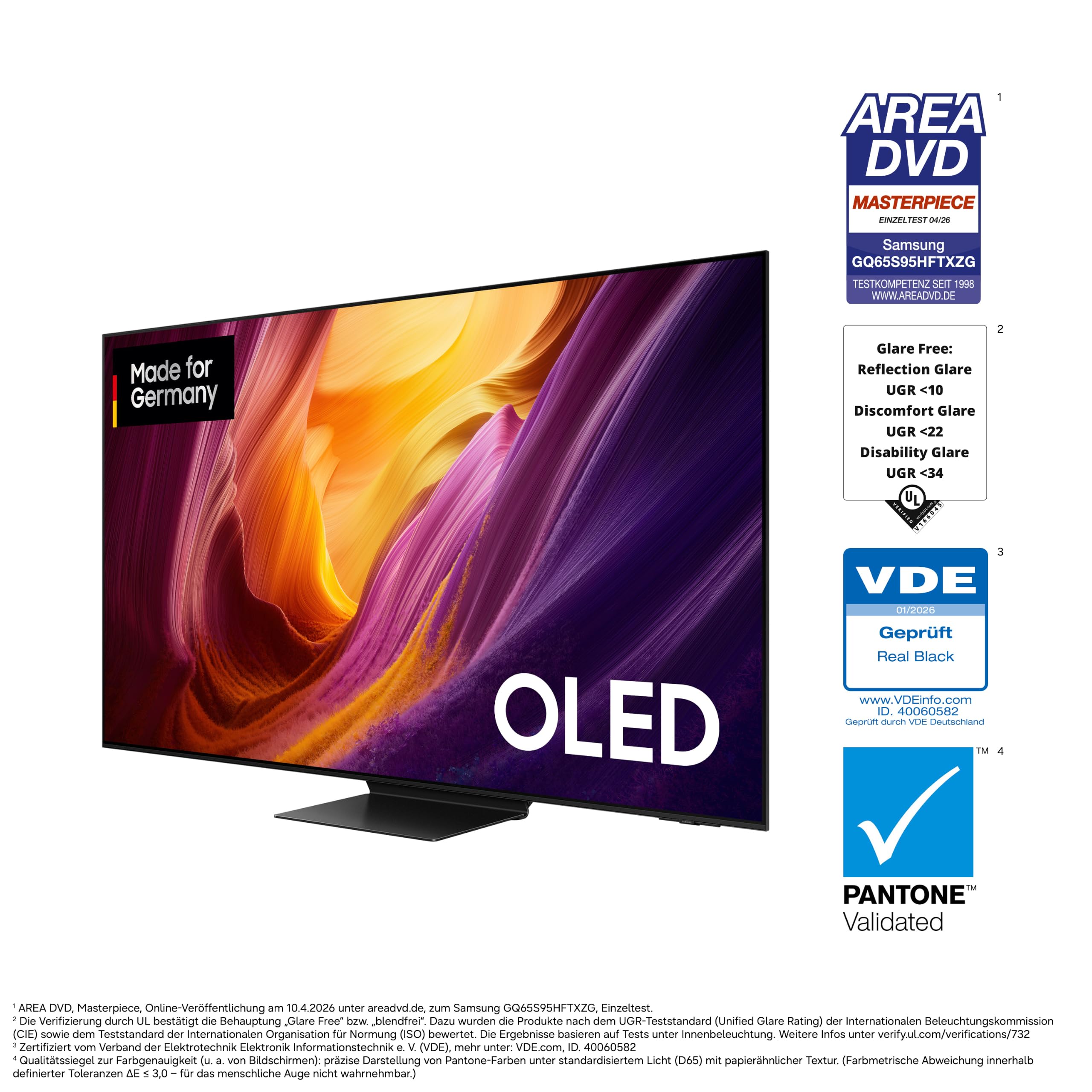 Samsung OLED S95H 4K 65 Zoll (163 cm), UHD Fernseher, Antireflexion mit Glare Free, OLED HDR pro, Ultimate Gaming Pack (NVIDIA G-SYNC & AMD FreeSync Pro) mit 165Hz, HDMI 2.1, Dolby Atmos, Smart AI TV 3