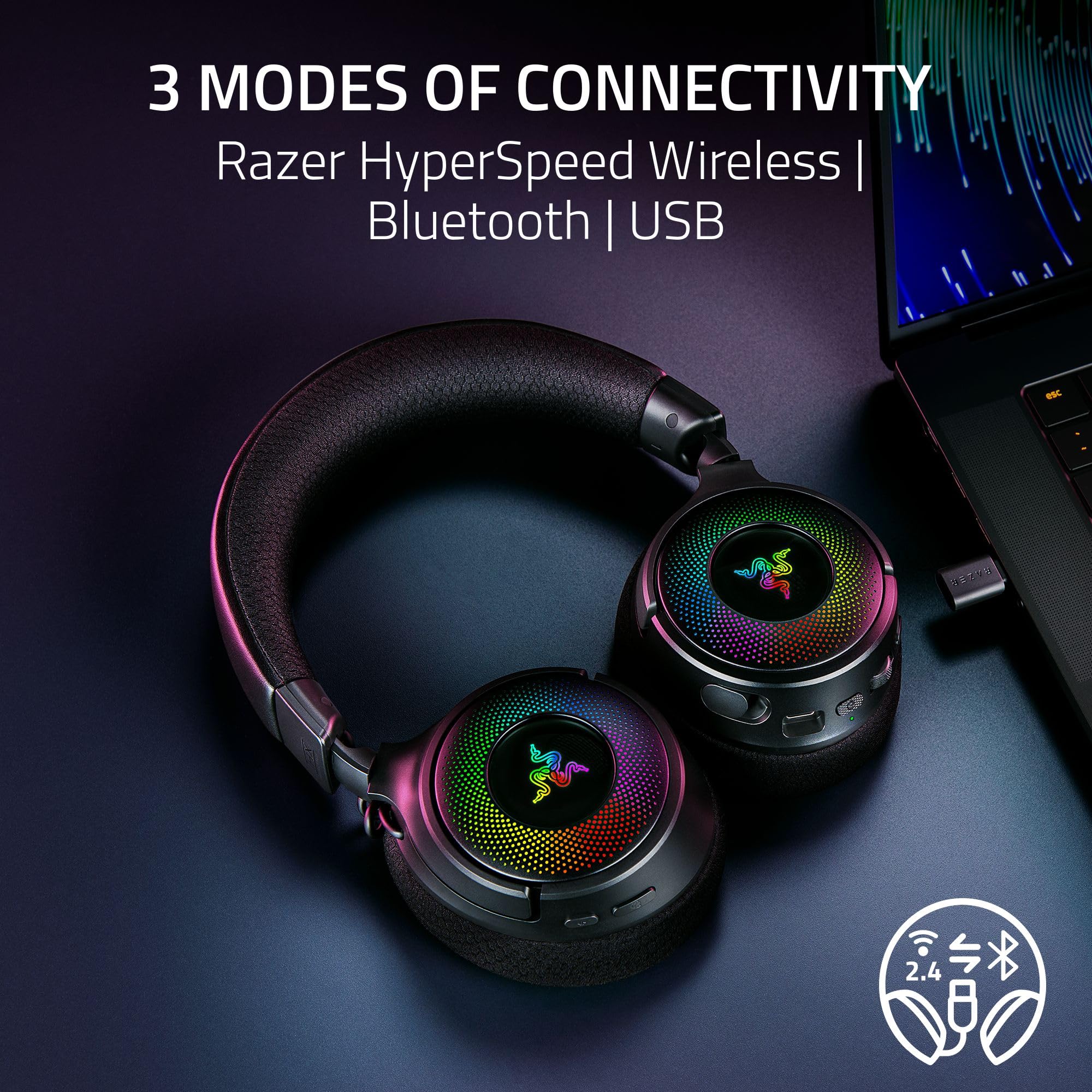 Razer Kraken V4 Wireless Gaming Headset: 2.4GHz, Bluetooth, USB - Super Wideband Mic - 40 mm Drivers - 9 Zone RGB Lighting - for PC, Mac, PS5, Nintendo Switch 2, Steam Deck, Smartphone - Black