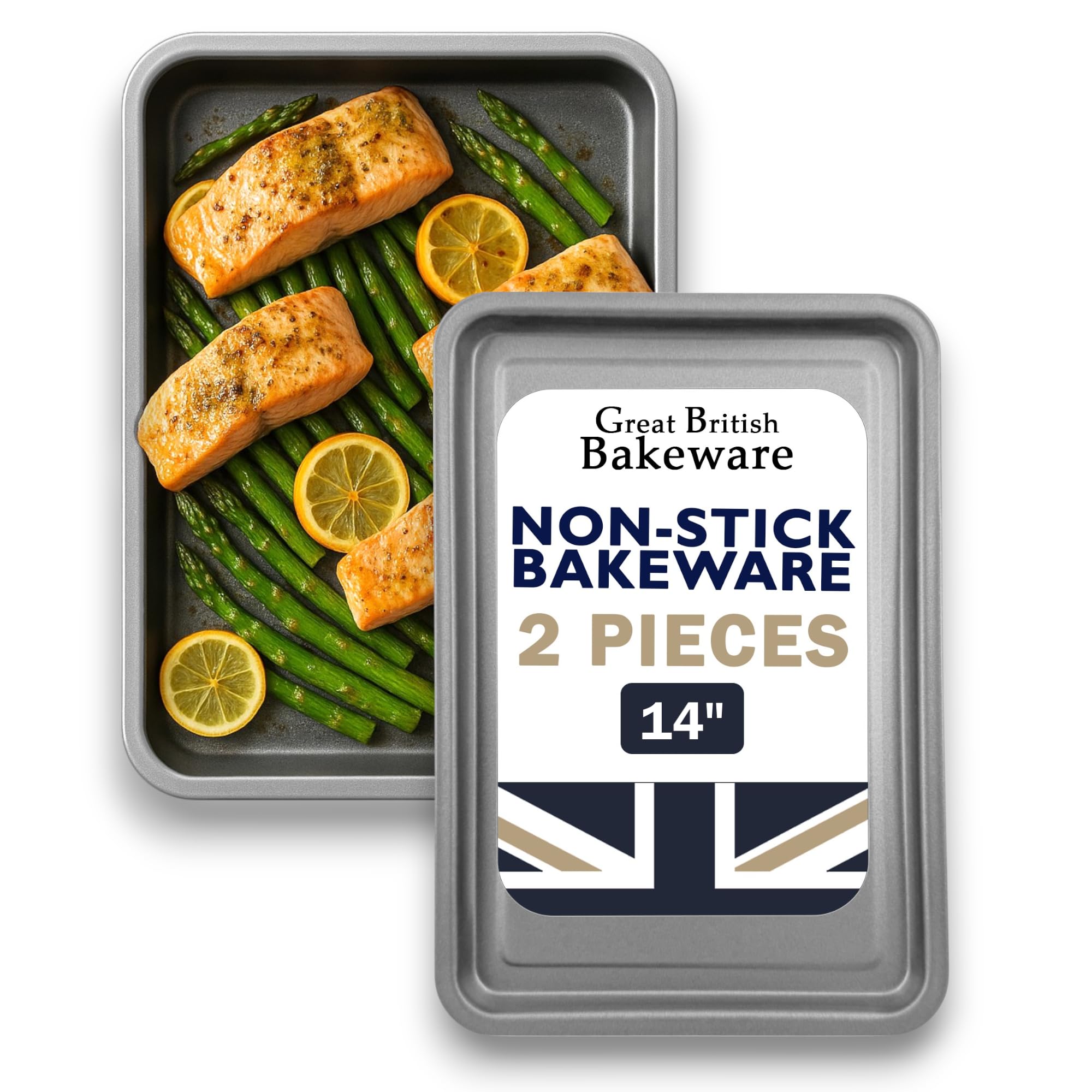 Great British Bakeware 2 Pack 35cm Superior Double Coated Non Stick Large Baking Tray, Roasting Tray, Carbon Steel, Oven Safe, PFOA & BPA Free Cookware, Made in England — image 1