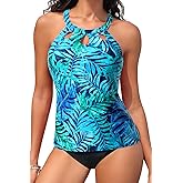 Yonique Two Piece High Neck Tankini Swimsuits for Women Tummy Control Bathing Suits Floral Print Swimwear