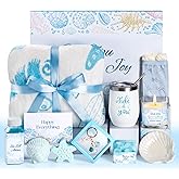 iFaveorr 12Pcs Birthday Gifts for Women, Get Well Soon Gift Baskets for Women, Relaxing Ocean Self Care Package W/Flannel Blanket, Valentines Day Gifts for Her Best Friend Wife Sister
