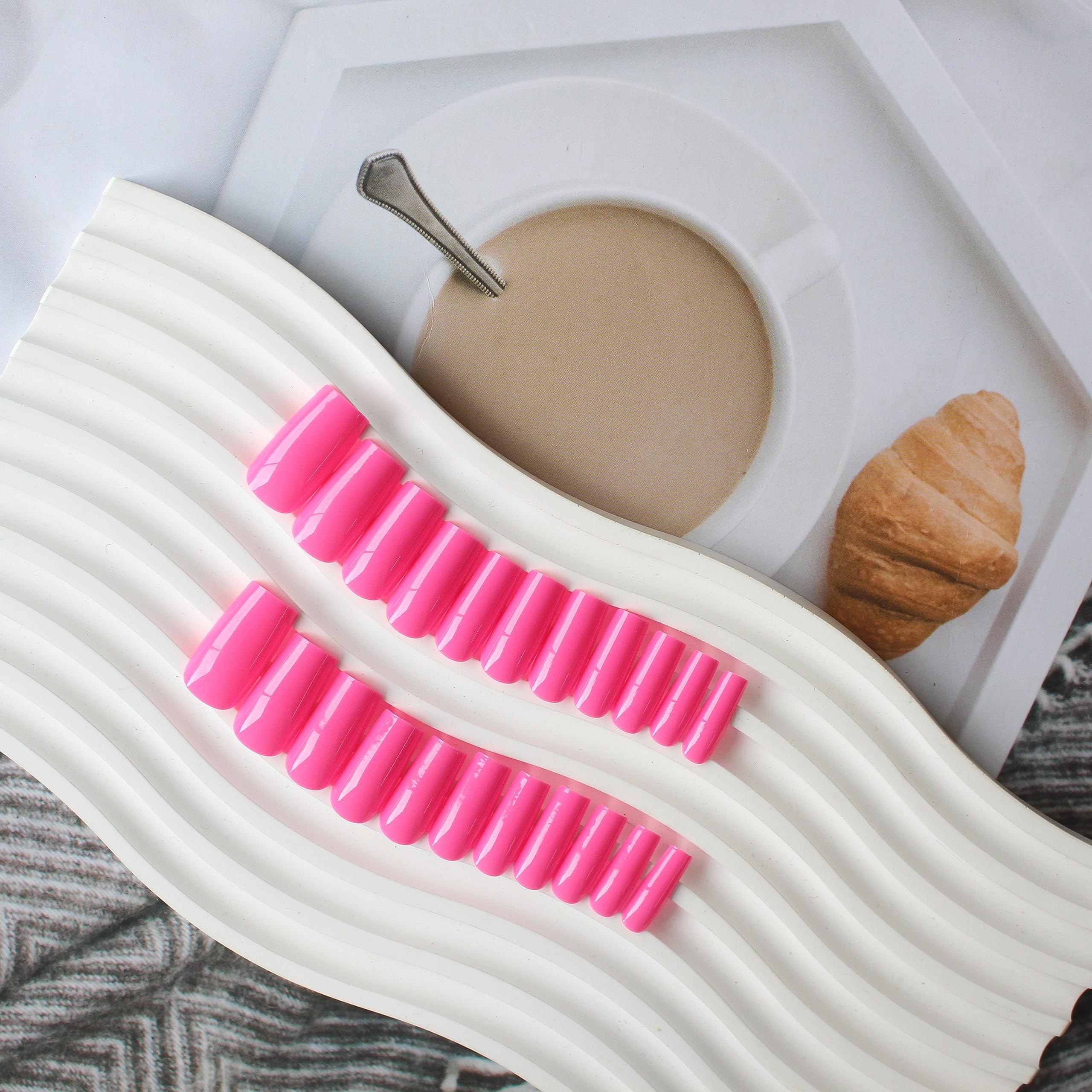 KQueenest Hot Pink Press on Nails Medium Long,Thick Glue on Nails Medium Coffin Nails Press on Fake Nails Long Nails for Women,Neon Pink Nails Stick on Nails Opaque Acrylic Square Tip Nails 24 PCS - Image 3