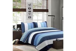 Cozy Line Home Fashions Navy Blue Striped Boy 100% Cotton Reversible Quilt Bedding Set, Coverlet, Bedspread (Preston, Queen - 3 Piece)