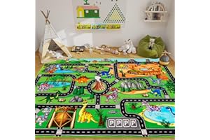 DINSUMRUG Kids Rugs for Playroom 59"×39.4" Dinosaur Car Play Mat Robot Dinosaur Park Road Educational Dino Road Rug for Toy Car Jurassic Themed Play Carpet for Kids, Toddlers, Nursery, Classroom