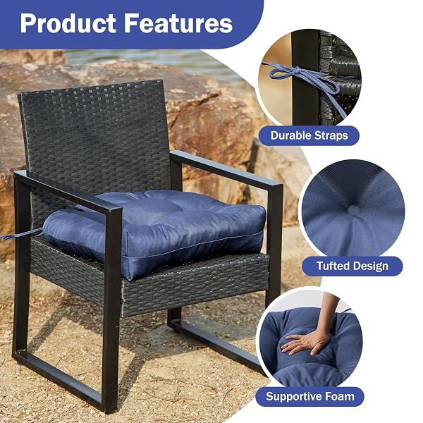 IPYNBAP OUTDOOR CHAIR CUSHIONS SET OF 2, PATIO CHAIR CUSHIONS WITH TIES, 17X17+4” TUFTED OUTDOOR SEAT CUSHIONS, WATERPROOF PATIO FURNITURE CUSHIONS, OUTDOOR DINING CHAIR PADS, NAVY
