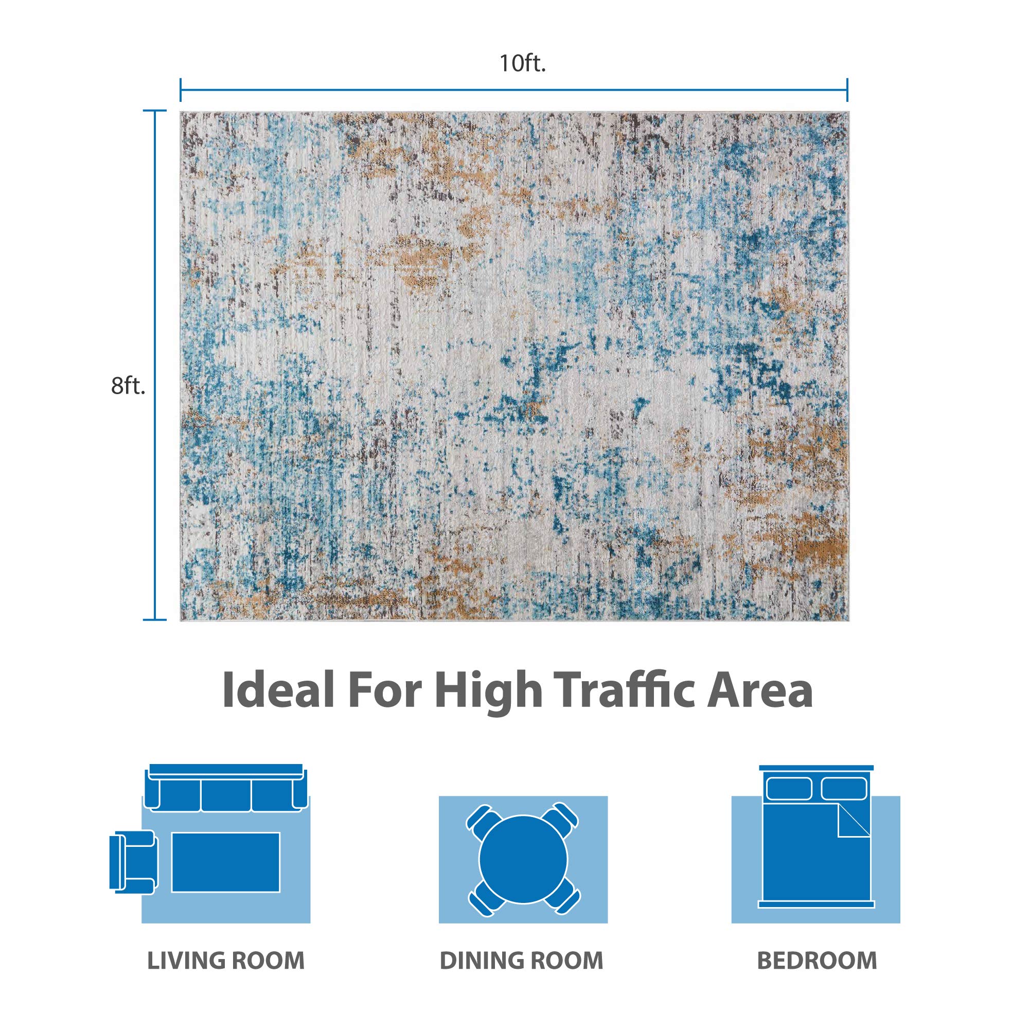 Madison Park Newport Pegasus Woven Turkish Area Rugs for Living Room, Indoor Dining Accent Modern Home Décor, Ultra Soft Floor Carpets for Bedroom, 8x10 ft, Distressed Blue Abstract