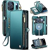 Defencase for iPhone 17 Pro Magnetic Wallet Case Compatible with Magsafe with RFID Blocking Zipper & Card Holder for Women Men PU Leather Strap Detachable Case for iPhone 17 Pro (6.3 inch), Blue Green