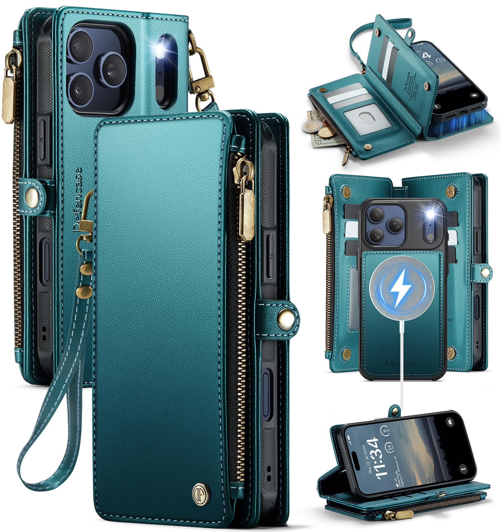 Photo 1 of Defencase for iPhone 17 Pro Magnetic Wallet Case Compatible with Magsafe with RFID Blocking Zipper & Card Holder for Women Men PU Leather Strap Detachable Case for iPhone 17 Pro (6.3 inch), Blue Green