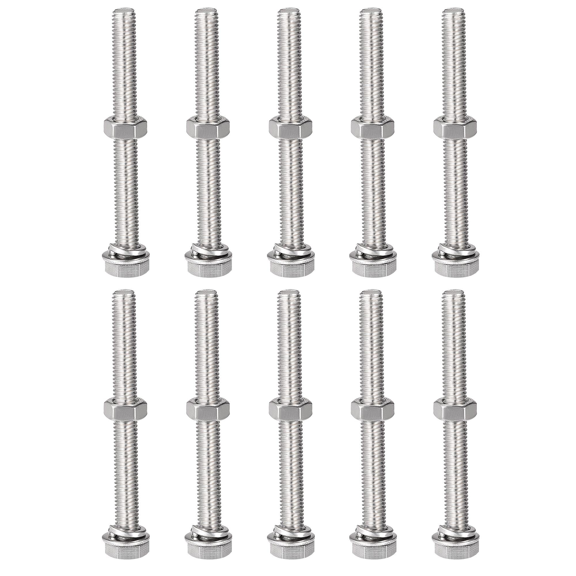 sourcing map M8 x 75mm Hex Head Screws Bolts, Nuts, Flat & Lock Washers Kits, 304 Stainless Steel Fully Thread Hexagon Bolts 10 Sets