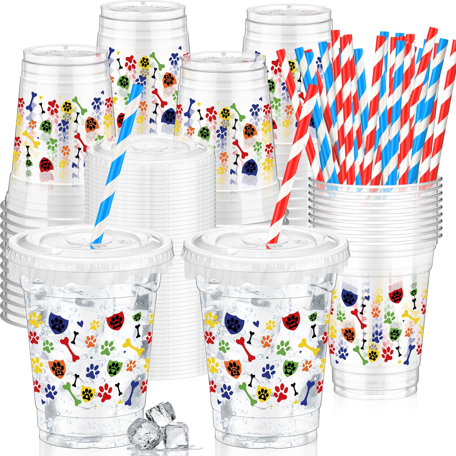 Photo 1 of Domensi 50 Sets Blue Dog Paw Plastic Cups 12 oz Disposable Blue Dog Birthday Party Cups with Straws and Lids Circus Clear Mug Paw Themed Birthday Mugs Supplies Party Table Decoration