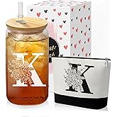Custom Glass Cup & Makeup Bag Set - Personalized Gifts for Women, Initial 16 oz Glass Tumbler with Lid & Straw, Monogram Makeup Bag - Birthday Gifts For Women, Mother's Day Presents(K)