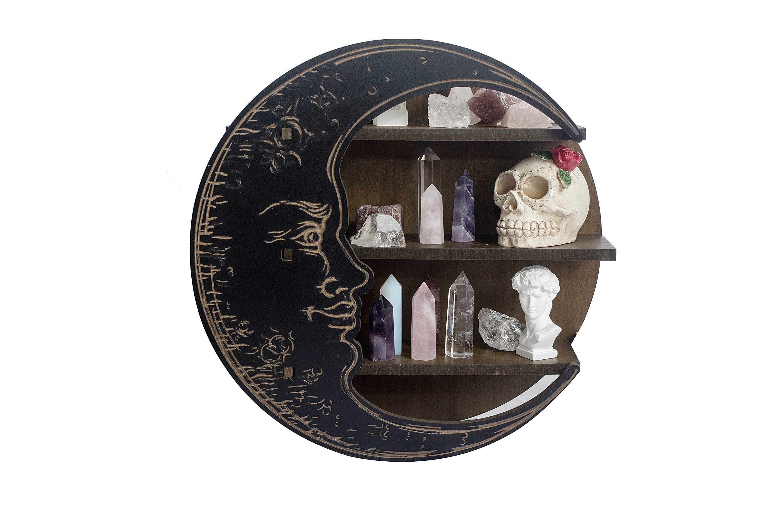 Photo 1 of CEFRECO Black Crescent Moon Shelf - Rustic Wooden Crystal Holder for Healing Stones and Essential Oils - Wall-Mounted Crystal Shelf Display for Wall Decor - Witchy Gifts for Women