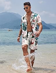 COOFANDY Mens Hawaiian Floral Set Tropical Button