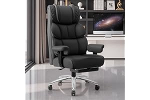 BestGlory Office Desk Chair, Big and Tall Leather Gaming Chair with Footrest, Wide Ergonomic Comfy Executive High-Back Reclining Computer Chairs, Swivel Rolling Wheels and Padded Lumbar Support, Black
