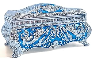 SIWOT Rectangular Classical Patterned Jewelry Box,Metal Retro European Scroll Design Treasure Storage Chest Case for Girls Women (Chrome Blue, Medium)