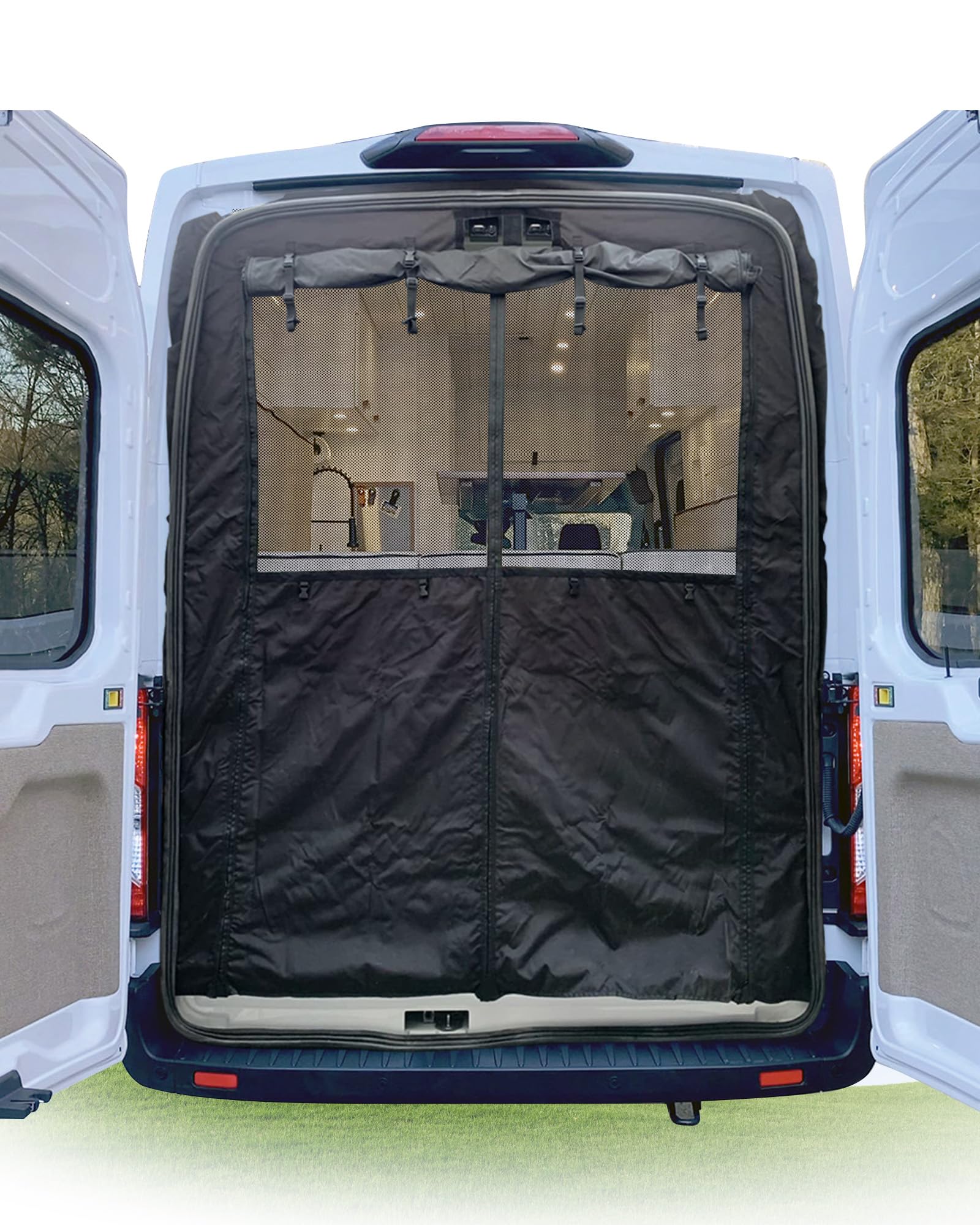 Photo 1 of Vanhoxcci Van Bug Screen with Privacy Panel Fit for Ford Transit 150 250 350 2015-2025 High Roof Rear Door Mosquito Net Campervans Flyscreen Mesh, Center Magnetic Closure