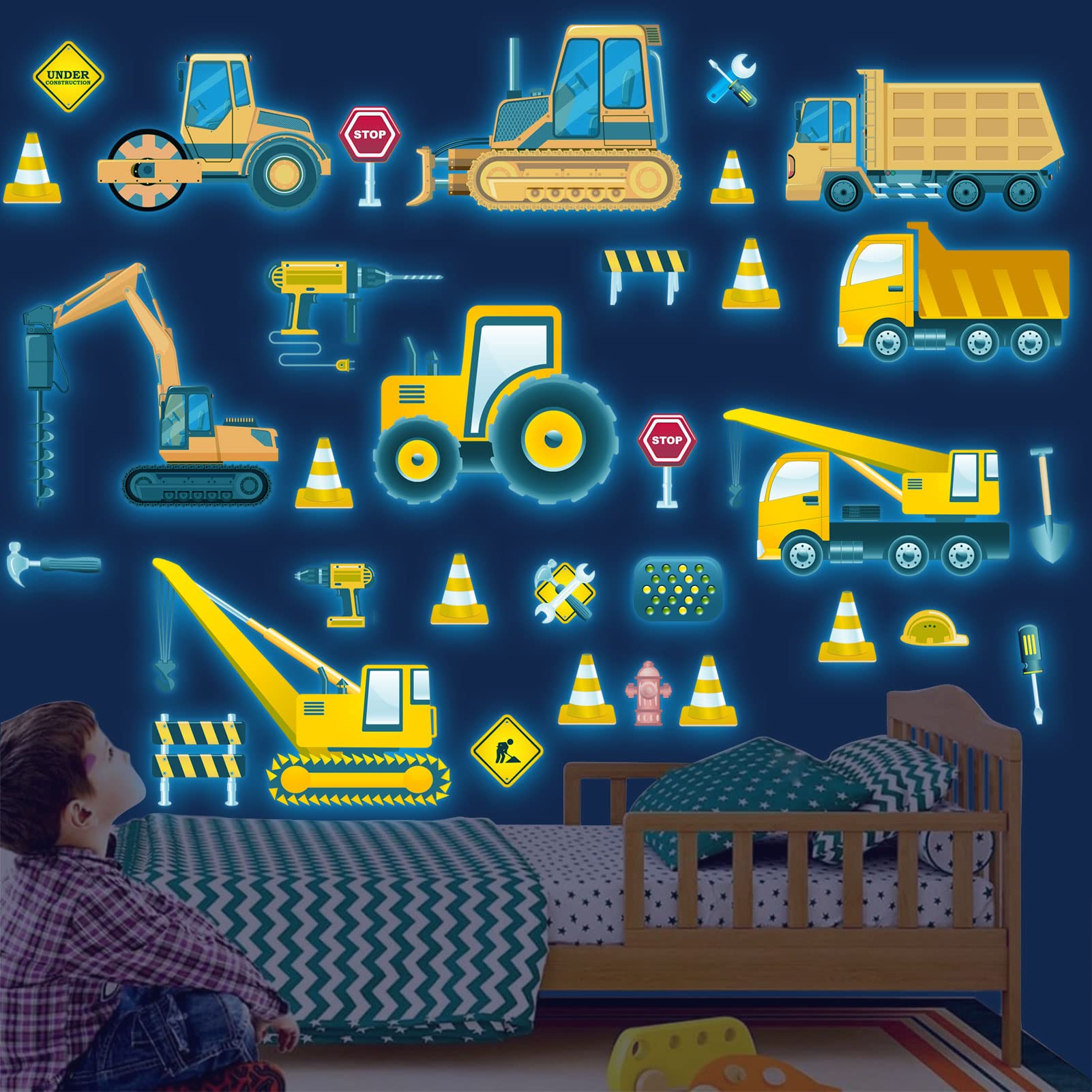 Glow in The Dark Construction Vehicles Wall Stickers Transport Cars Theme Fluorescent Stickers Peel and Stick Road Signs Truck Wall Art Decals for Kids Boys Bedroom Playroom Baby Nursery Blue — image 1