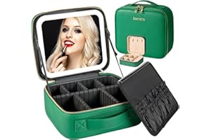 Seoneiro Makeup Travel Bag with LED Lighted Mirror Adjustable Brightness Portable Waterproof Makeup Case with Adjustable Dividers, Make up Train Case Organizer Makeup Brush Accessories and Tool Case
