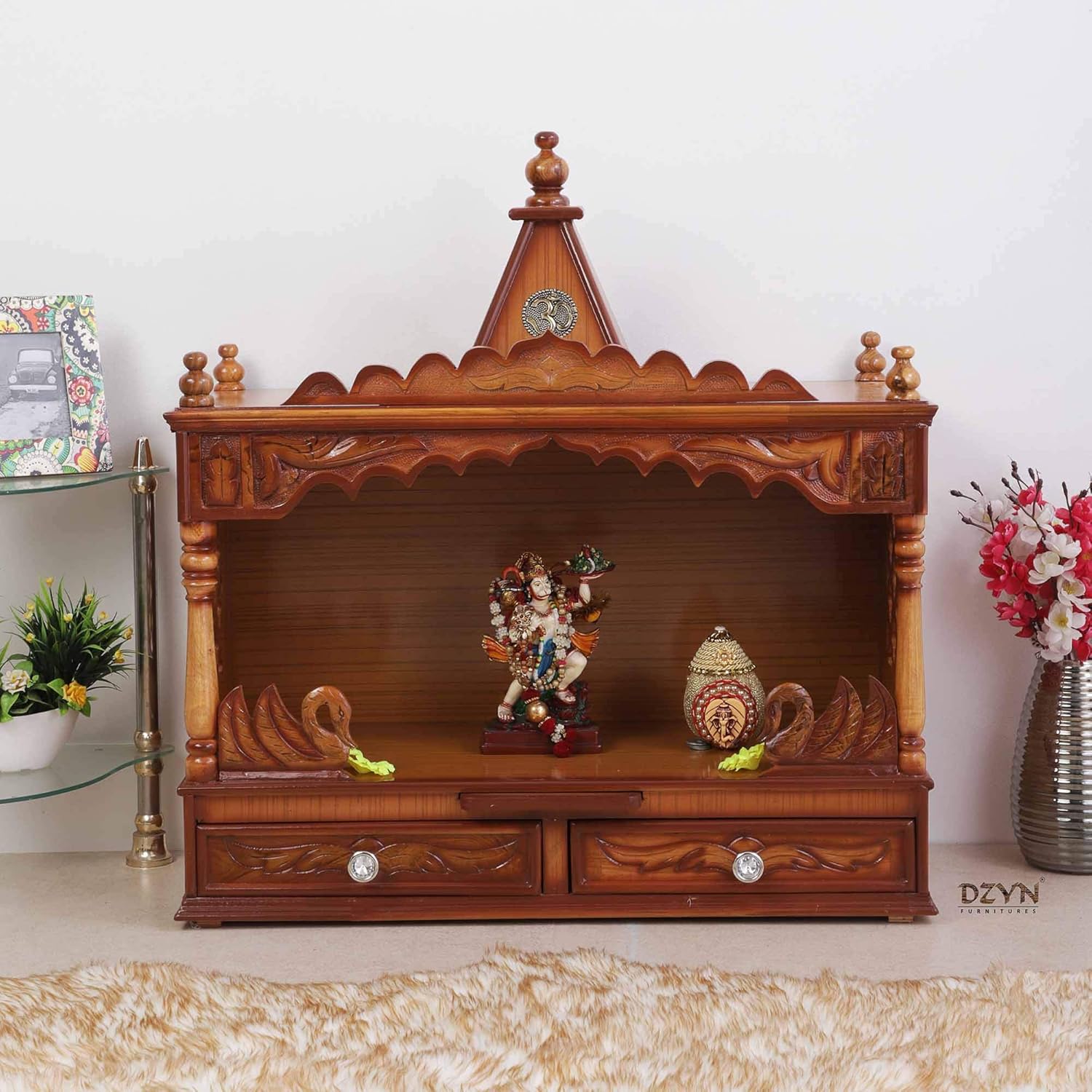 DZYN Furnitures Sukhatman Large Teak Wood Pooja Mandir Wall Mounted