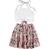 LYANER Women's 2 Piece Outfits Summer Lace Halter Cami Crop Top with Floral Mini Skirt Set