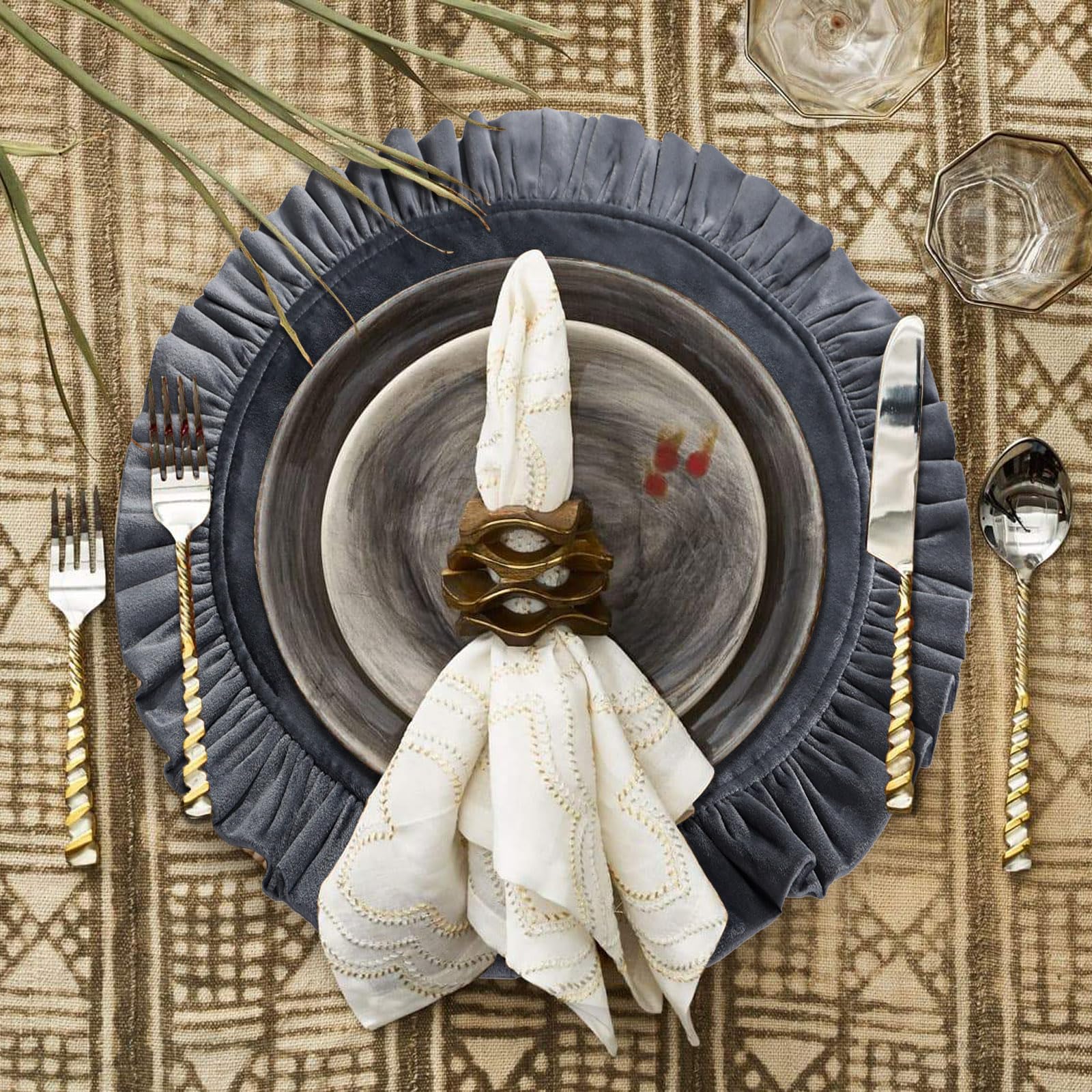 Photo 1 of 15 Inch Velvet Round Placemat with Ruffle for Dining Table Outdoor Placemats Non-Slip Washable for Gathering, Occasional Decoration and Family Parties Celebrations Set of 4, Gray