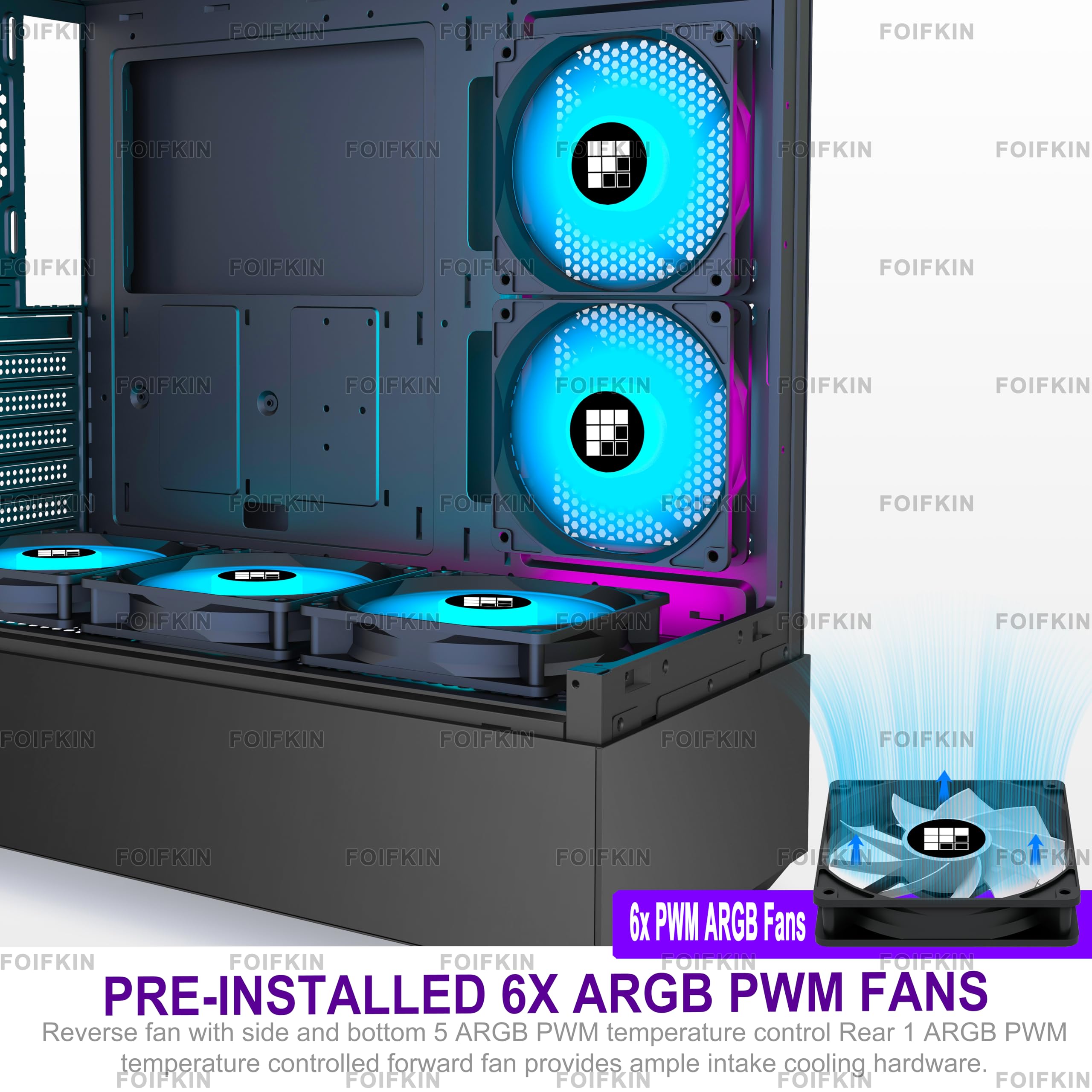 FOIFKIN F1 PC Gehäuse ATX- Pre-Install 6 PWM ARGB Lüfter, Mid-Tower Computer Gehäuse, Gaming PC- Gehäuse,270° Panorama Tempered Glass,mit Type-C, ATX Gehäuse (Schwarz, F1) 4