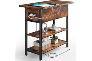 Yoobure End Table with Charging Station, Flip Top Side Table with USB Ports and Outlets, Sofa Couch Table Bedside Table for Living Room Bedroom, Narrow Nightstand with Storage Shelves for Small Space