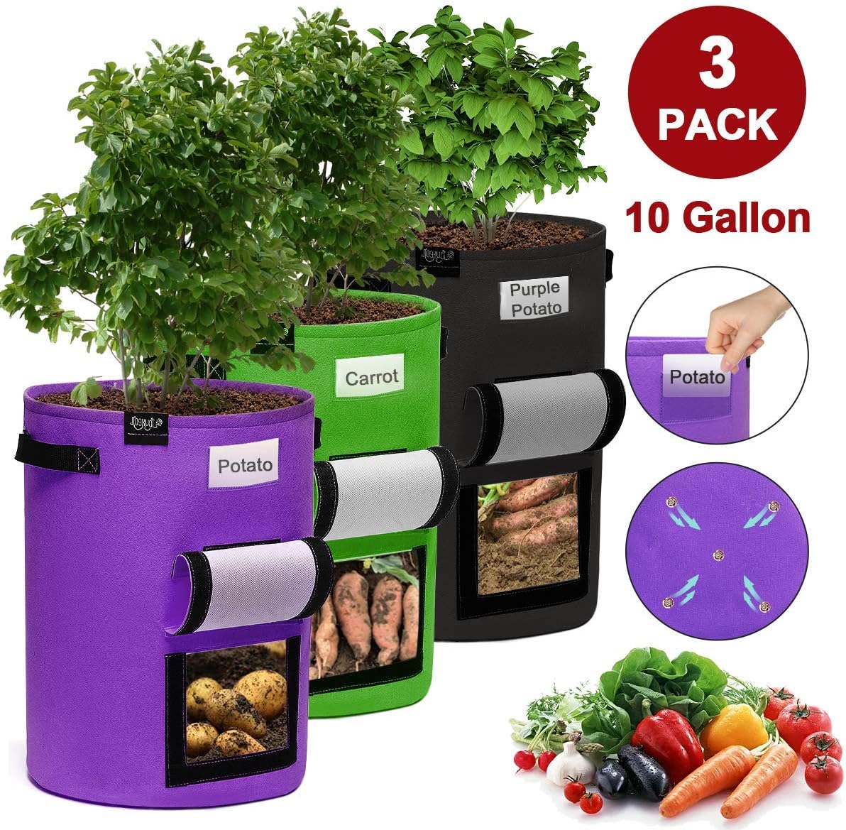 JOYXEON Potato Grow Bags, 3 Pack 10 Gallon Plant Growing Bags【2020