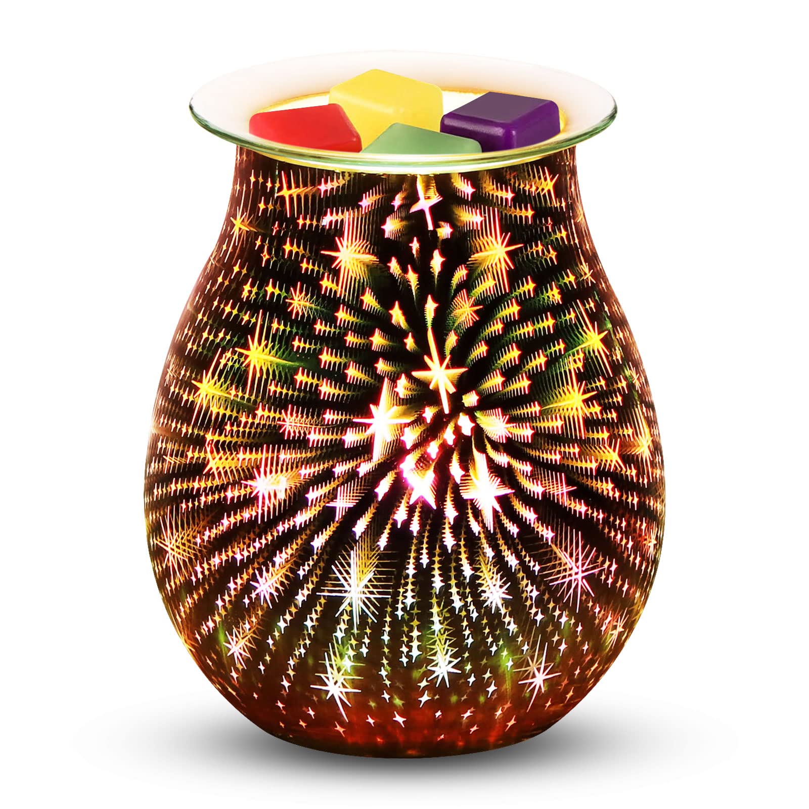 YUNYODA Touch Sensitive 3D Glass Electric Oil Burner, Wax Melts Burner with Light for Home Office Bedroom Living Room Gifts (Spare Bulb Included)(Star)