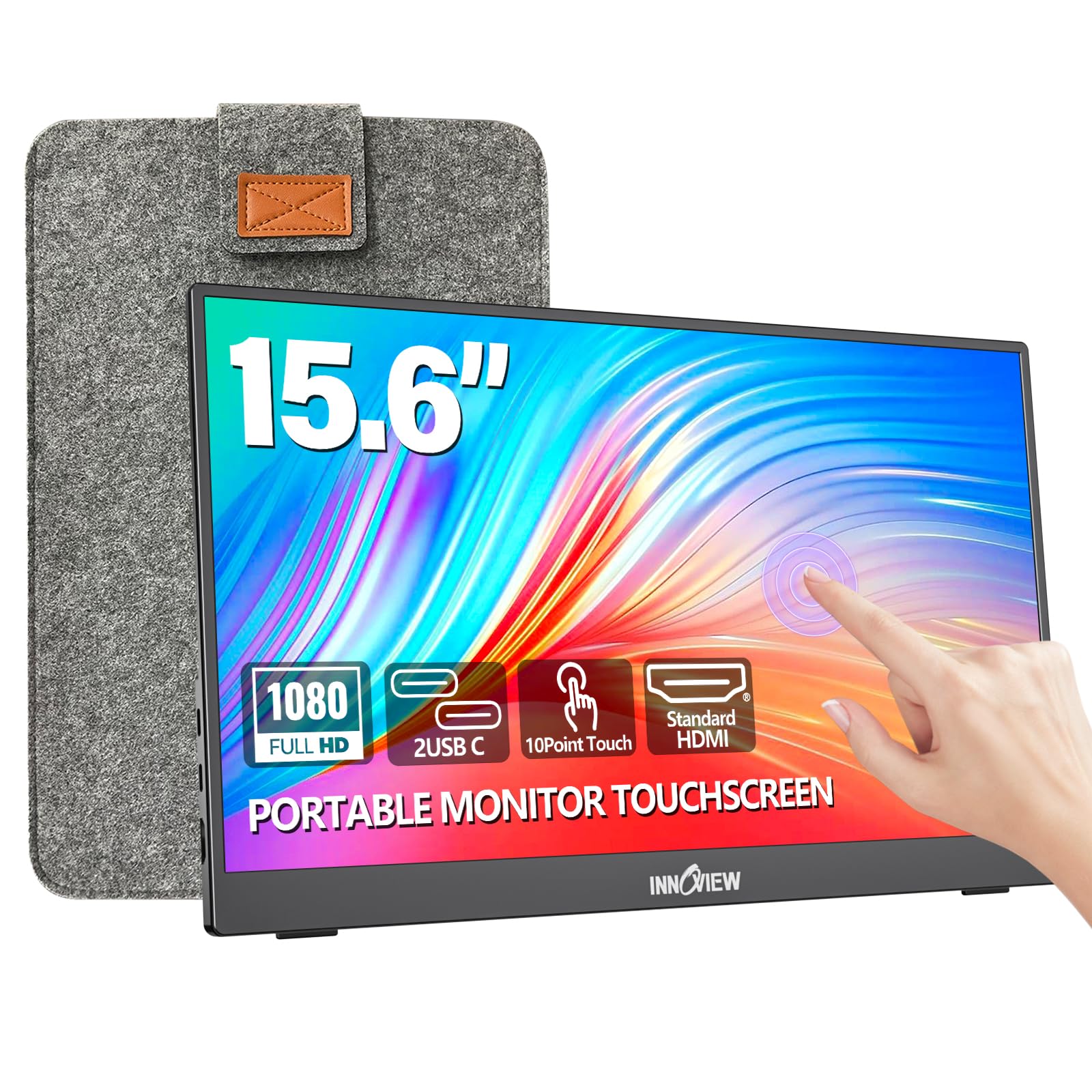 InnoView Portable Monitor Touchscreen 15.6" 1080P 10-Point Touch Screen Monitor Portable with Protective Sleeve Built-in Stand, 1200:1 HDMI USB C Travel Monitors for Laptop, PC, Phone