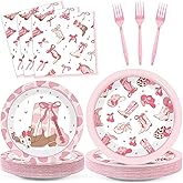 96 Pcs Coquette Bow Cowgirl Party Plates Western Cowgirl Plates and Napkins Disposable Pink Bowknot Rodeo Tableware Dinnerware Set for Bachelorette Kids Baby Shower Decorations Favors Serve 24