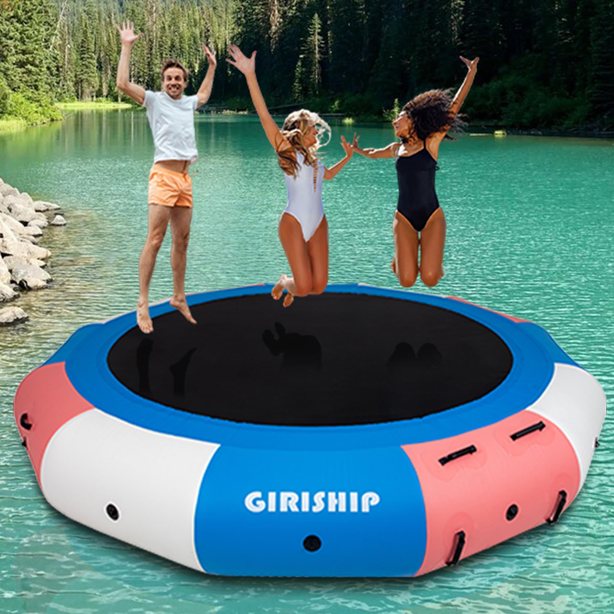 Photo 1 of Inflatable Water Trampoline, Floating Lake Trampoline for Adults Portable Bounce Swim Platform for Lake, Pools with Pump and Rope Ladder (12FT Blue-Pink)