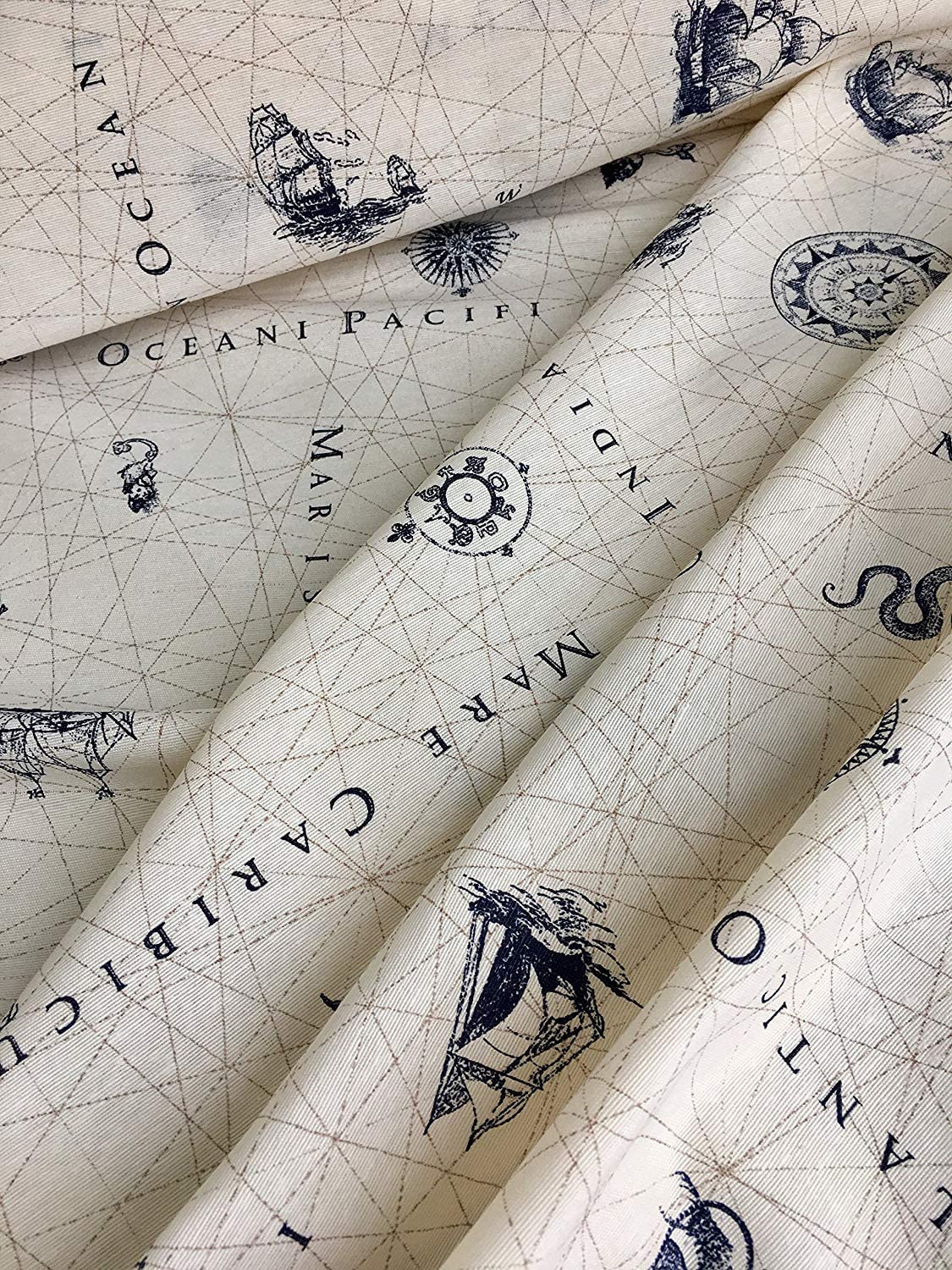 Nautical Marine Map Print Fabric - Ocean Anchor Compass Design Textile - Dressmaking, Curtains, Light Upholstery Material - 140cm Wide (2 METRES)