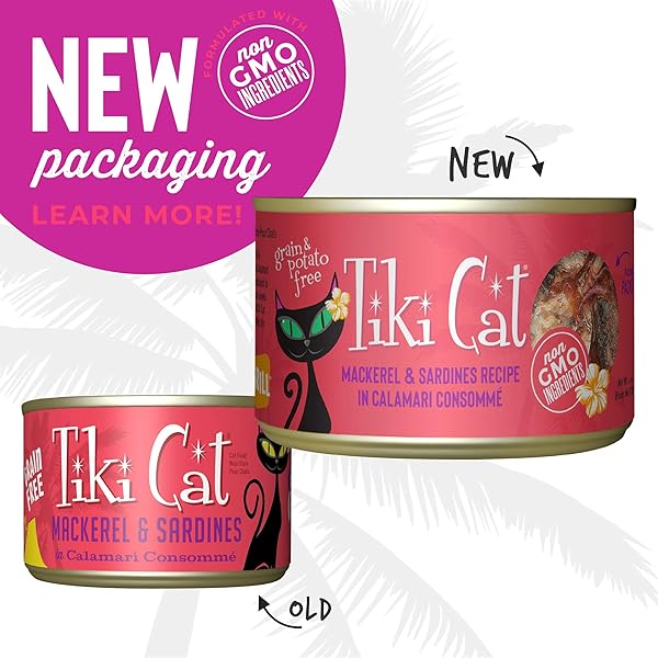 TIKI CAT GRILL, MACKEREL & SARDINES, HIGH-PROTEIN AND 100% NON-GMO INGREDIENTS, WET WHOLE FOODS CAT FOOD FOR ALL LIFE STAGES, 6 OZ. CANS (PACK OF 8)