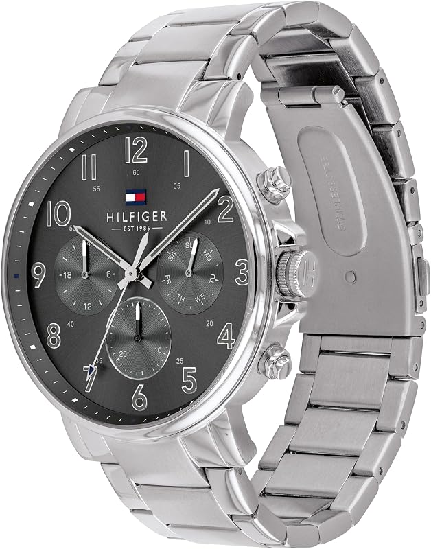 Montre Multifonction à Quartz Analogique pour Homme 44mm - Cadran Gris, Bracelet en Acier Inoxydable Argenté, 3 sous-Cadrans, Résistance à l'eau 3ATM - 1791397