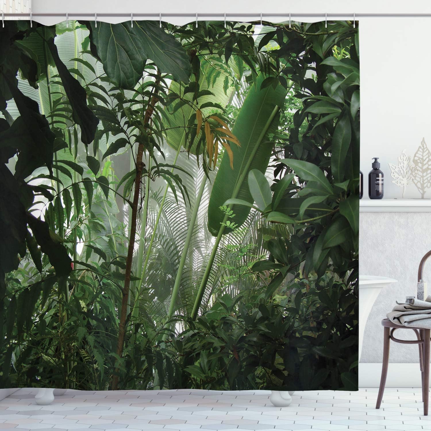Amazon Com Ambesonne Rainforest Shower Curtain Tropical Rainforest Preservation Humidity Palm Tree Wild Environment Misty Nature Cloth Fabric Bathroom Decor Set With Hooks 75 Long Green White Home Kitchen