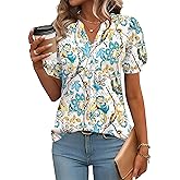 IECCP Womens Tops Puff Short Sleeve Shirts Dressy Casual Henley V-Neck Summer Tops Pleated T-Shirts Loose Fit Tunic Blouses