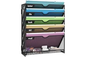 Kinkota Hanging Wall File Organizer 6-Tier Wall Mount Mail Organizer & Desk Paper Organizer, Sleek Black Metal File Folder Holder for Office, Cubicle, Bedroom | All-in-One Document Storage Shelf