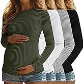 Sweetyweee 4 Pack Womens Maternity Shirts Ribbed Knit Long Sleeve Pregnancy Tops Casual Crew Neck Basic Tunic Shirts