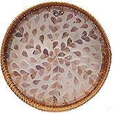 Round Rattan Tray with Mother of Pearl Inlay, Rattan Serving Tray with Wooden Base, Decorative Wicker Basket for Table Decor, Storage and Display of Bread Food Fruit (Rose Gold)